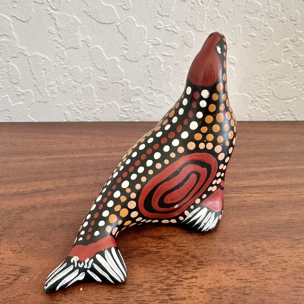 Vintage Matthari Seal Sculpture Aboriginal Art Handpainted Folk Art Signed